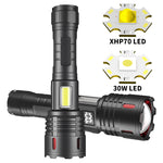 Super Bright Flashlight COB Side Light XHP70 30W LED USB-C with 26650 Battery 16000 Lumen Outdoor Emergency 6 Modes Zoomable Torch