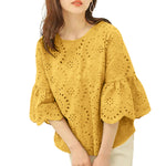 LinkMejor Women Korean Casual Shirt Daily Embroidery Hollow Ruffle Sleeve Blouses