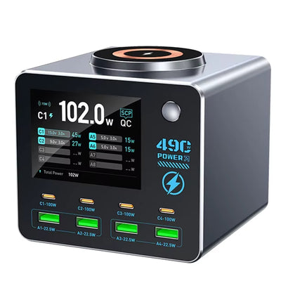 [GaN Tech] WLX-F1 140W 8-Port USB PD Charger with Smart Digital Display 4USB-A+4USB-C+Wireless Charger Pad Support PD QC PPS FCP SCP Fast Charging Desktop Charger Station EU Plug for iPhone 17 17Pro 16 Pro Max 15 14 for Xiaomi 17pro for OPPO