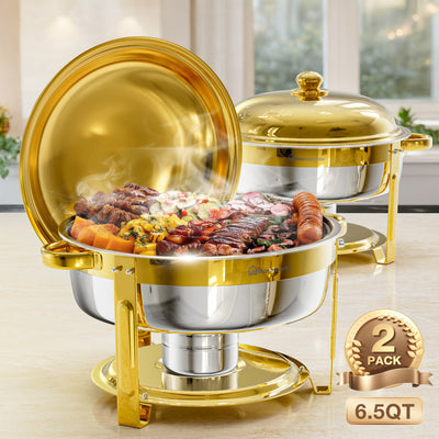 LinkMejor 6.5QT Chafing Dish Buffet Set with Lid 2/4/6 Pack Round Food Warmer for Catering Buffet with Lid Holder Stackable Rolled-Rim Food-Grade Stainless Steel Chafer for Parties Weddings & Banquets