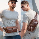 LinkMejor Men's Genuine Leather Waist Bag Large Capacity Chest Bag Outdoor Sports Zipper Fanny Packs
