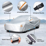 190T Polyester Car Full Covers All Weather Automobiles Outdoor With Windproof Strap 6 Reflective Strips for Sedans Coupes Silver UV Risistant Rainproof Dustproof Snowproof