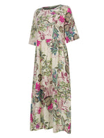 LinkMejor Plus Size Women Beach Long Dress Retro Floral Printed Round Neck Three Quarter Sleeve Pleated Beach Maxi Dresses