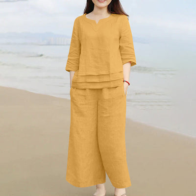 LinkMejor Plus Size Women Casual Solid Two-Piece Set, Notched Neck 3/4 Sleeve Layered Hem Top & Wide Leg Pants, Women's Plus Size Clothing