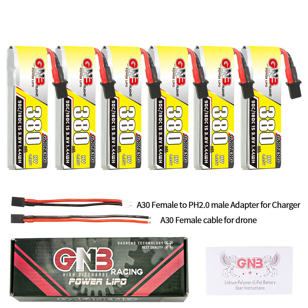 6Pcs LinkMejor 3.8V 380mAh 90C 1S LiHV Battery A30 Plug With Adapter Cable for Emax Tinyhawk S BetaFPV Beta75X