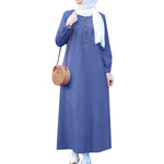 LinkMejor Women Vintage Round Neck Denim Dresses Casual Lantern Sleeve Solid Maxi Dress
