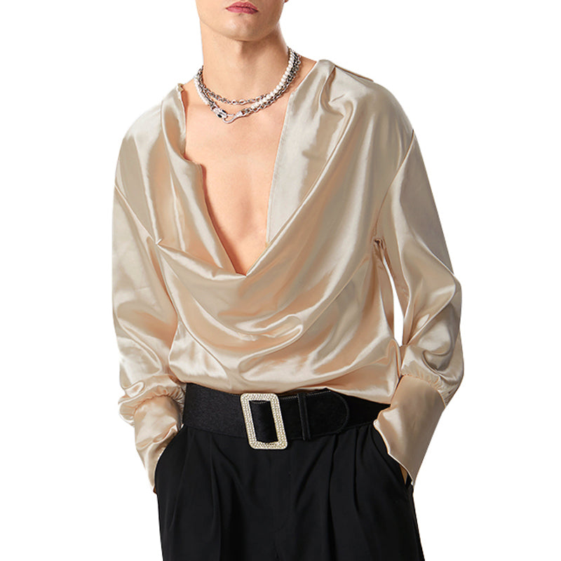 INCERUN Mens Shirts Solid Color Long Sleeve Top Shirts Summer Fashion  Stacked Neck Top Shirts Party Male Clothing