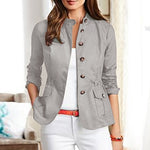 LinkMejor Womens Fashion Button Down Front Side Pocket Outwear Casual Long Sleeve Stand Collar Jackets