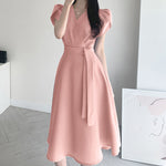 LinkMejor Womens Puff Sleeve V Neck Belted A Line Midi Dress Party Gown Long Dresses