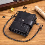 LinkMejor Cow Leather Men Wallet Short with Chain Multi Card Slot Double Zipper Business Retro Coin Purse Holder Credit Card Organizer Stylish Male Money Clutch Bags