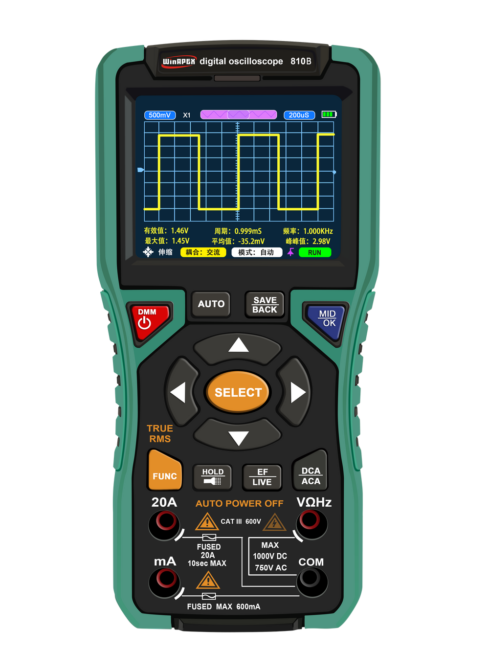2IN1 WINAPEX 810B Digital Oscilloscope Multimeter 10MHz Bandwidth 50MSa/s Sampling High Sensitivity ±400V Overload Protection