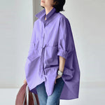 LinkMejor Womens Office Casual Solid Color Long Sleeve Shirts with Pockets Elegant Lapel Button Up Midi Blouse