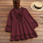 LinkMejor Women's Shirt Solid Lace Blouse Eyelet Lace Patchwork 3/4 Length Sleeve Top Summer Daily Casual Shirts