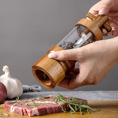 IPRee 1PCS Creative Pepper Grinder Acacia Wood Crafted Transparent Acrylic Fine Grinding Pepper Mill for Home Use Kitchen Lantern Sea Salt Grinding Bottle