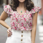 LinkMejor Women's Blouse Vintage Shirt Summer Ruffle Short Sleeve V-Neck Floral Loose Hot Selling Style Top Pullover