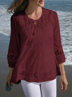 LinkMejor Women's Shirt Solid Lace Blouse Eyelet Lace Patchwork 3/4 Length Sleeve Top Summer Daily Casual Shirts
