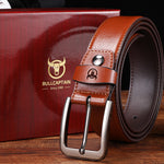 LinkMejor 130cm Genuine Leather Mens Pinch-buckle Belt with Box Birthday Gift for Husband Father Son