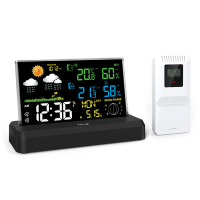 Wireless Indoor Outdoor Weather Station VA Color Screen Temperature Humidity Sensor 500 Feet Range Adjustable Backlight Dual Power Calendar Clock Moon Phase