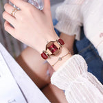 LinkMejor Women Watches Fashion Luxury Rhinestones Quartz Watch Polygon Pointer Waterproof Ladies Leather Wristwatch