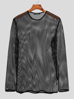 INCERUN Men Fashion Mesh See-through Casual Long Sleeve Hollow Black T-Shirt
