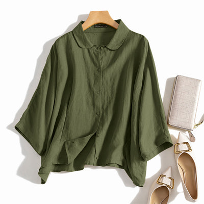 LinkMejor Cotton Solid Button Lapel Ruched Casual Blouse