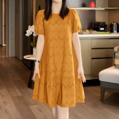 LinkMejor Elegant Style Women Dress Ladylike Puff Sleeve Dress Lace Patchwork Midi O Neck Dresses
