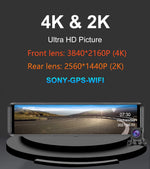 4K+2K Car Rearview Mirror Dash Cam Front Rear Dual Recording with G-Sensor Support Locking Emergency Video