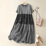 LinkMejor Women Loose Patchwork Check Floral Dress Stylish Short Sleeve Pleated Crew Neck Shirt Dress for Women Plus Size