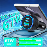 67W 3-Port USB PD Car Charger Adapter USB-A+2USB-C PD3.0/2.0 QC4.0+/03.0/2.0 Support PPS FCP AFC DCP BC1.2 Fast Charging with Blue LED for iPhone 16 16 Pro 15 14 13 Pro Max for Huawei Pura X for Xiaomi 15pro for Samsung Galaxy S25 Ultra