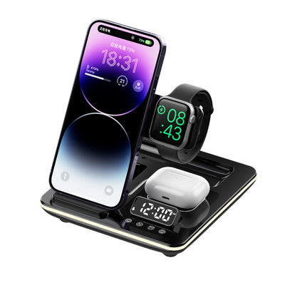 LinkMejor A93 5-in-1 15W Foldable RGB Wireless Charger with Digital Display Time & Alarm Clock Fast Wireless Charging Station for iPhone 15 14 13 for Xiaomi 14pro for Huawei Mate60 for Airpods for Apple Watch