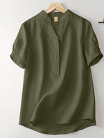 Cotton Solid Button Short Sleeve V Neck Casual Blouse