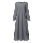 LinkMejor Women Long Sleeved Long Dress with Side Pockets Lace Patchwork Casual Long Maxi Dress for Spring Fall