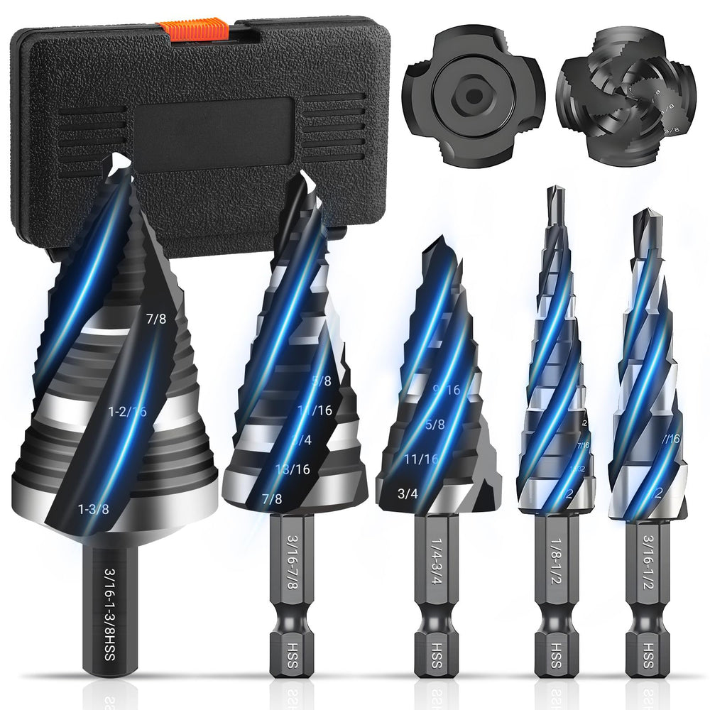 5pcs HSS Spiral Step Drill Bit Set Four Flute 1/8 to 1-3/8 Inch High Speed Steel Hex Shank for Stainless Steel Aluminum Wood Plastic Metal Hole Drilling Tools