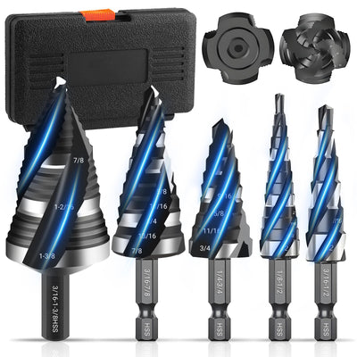 5pcs HSS Spiral Step Drill Bit Set Four Flute 1/8 to 1-3/8 Inch High Speed Steel Hex Shank for Stainless Steel Aluminum Wood Plastic Metal Hole Drilling Tools