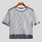 LinkMejor Mens Tshirt Fashion Shiny Mesh Patchwork See Through Fishnet Short Sleeve T-Shirt Summer Cool Short Top