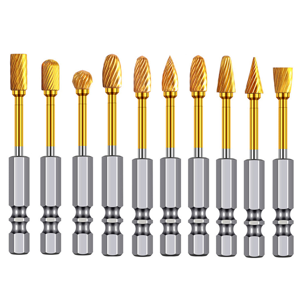 Titanium Carbide Burr Set Die Grinder Bits Tungsten Rotary File Golden Coating High Speed Single Double Cut Multi Shape for Metal Wood Plastic Stone Engraving Cutting