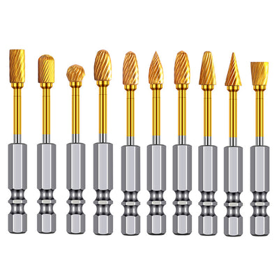 Titanium Carbide Burr Set Die Grinder Bits Tungsten Rotary File Golden Coating High Speed Single Double Cut Multi Shape for Metal Wood Plastic Stone Engraving Cutting