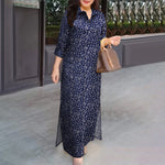 LinkMejor Women Vintage 3/4 Sleeve Lapel Split Dresses Floral Print Long Casual Shirtdress