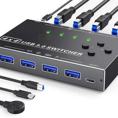 LinkMejor 4x4 USB3.0 Sharing Switch,4 in 4 Out USB Switch for Printer Keyboard Mouse, Multi-Device Sharing Adapter for PC Laptop