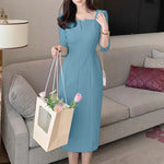LinkMejor Womens Party Daily 7/8 Sleeve Small V-neck Design Slim Segmented Dress Solid Color Elegant Midi Dress