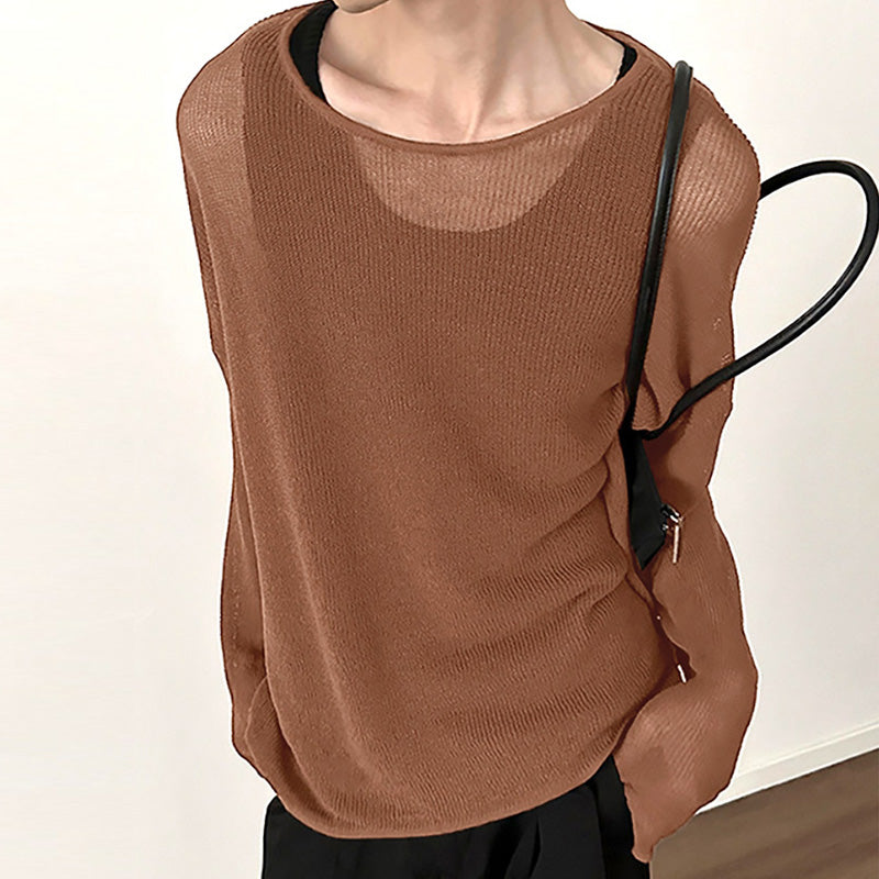 LinkMejor Mens Relaxed Fit Hollow Knit Long Sleeve T-Shirt Soft Drape Fabric Slightly See-through Tshirt Top