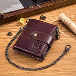 LinkMejor Cow Leather Men Wallet Short with Chain Multi Card Slot Double Zipper Business Retro Coin Purse Holder Credit Card Organizer Stylish Male Money Clutch Bags