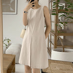 LinkMejor Women Crew Neck Sundress Knee Dresses Oversized Sleeveless Casual Solid Loose Midi Dresses
