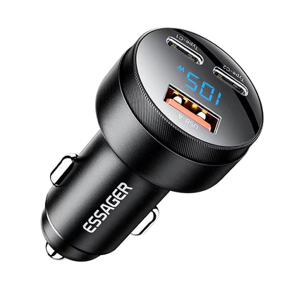 LinkMejor FSJ-008 105W 3-Port USB PD Car Charger Adapter USB-A+2USB-C PD PPS Fast Charging with Blue LED for iPhone 16 16Pro 15 14 13 for Xiaomi 15pro for Samsung Galaxy S25 Ultra for Huawei Mate 70