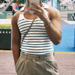 LinkMejor Men Tanks Top Blue White Knitted Undershirt with Horizontal Stripes Buckle Back High Stretch Vest for Men