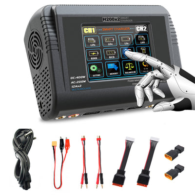 LinkMejor H200x2 Dual Channel Smart Charger AC 200W DC 400W 3.2 inch Color Touch Screen Balance Fast Charging for 1-6S LiPO LiHV LiFe Lilo 1-15S NiMH NiCd Battery