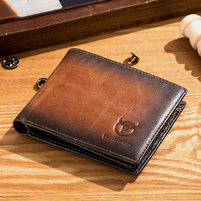 LinkMejor Genuine Leather RFID Blocking Wallet for Men, Retro Thin Short Multi-functional ID Credit Card Holder Multiple Card Slots Purse with Gift Box, Gifts To Mens Birthday