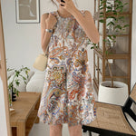 LinkMejor Women's Bohemian Printed Round Neck Pleated Sundress Loose Sleeveless Midi Dress