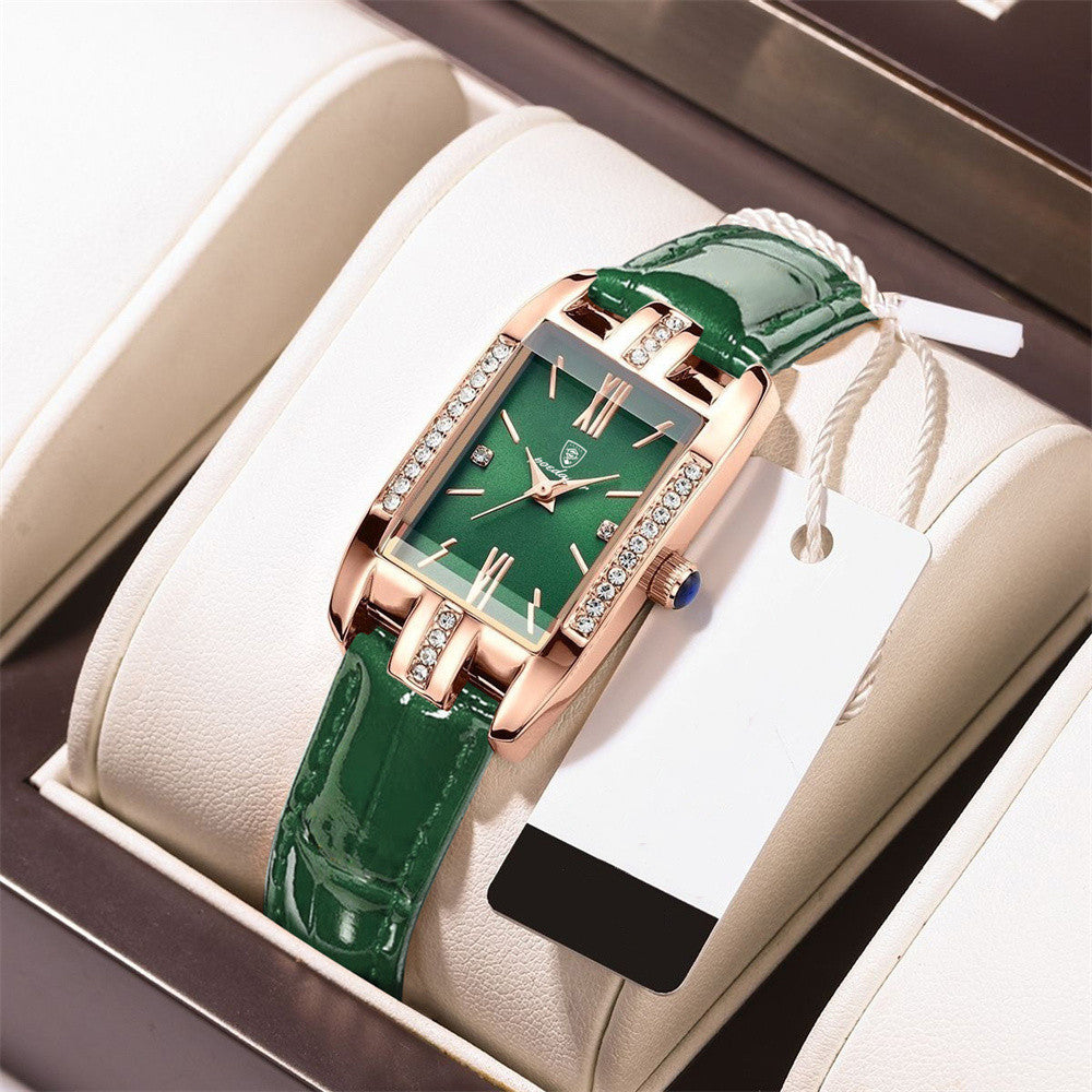 LinkMejor Fashion Rectangular Quartz Watch Female Luxury Elegant Clock Waterproof Leather Band Creative Diamond Women Watch