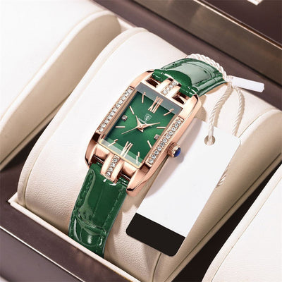 LinkMejor Fashion Rectangular Quartz Watch Female Luxury Elegant Clock Waterproof Leather Band Creative Diamond Women Watch